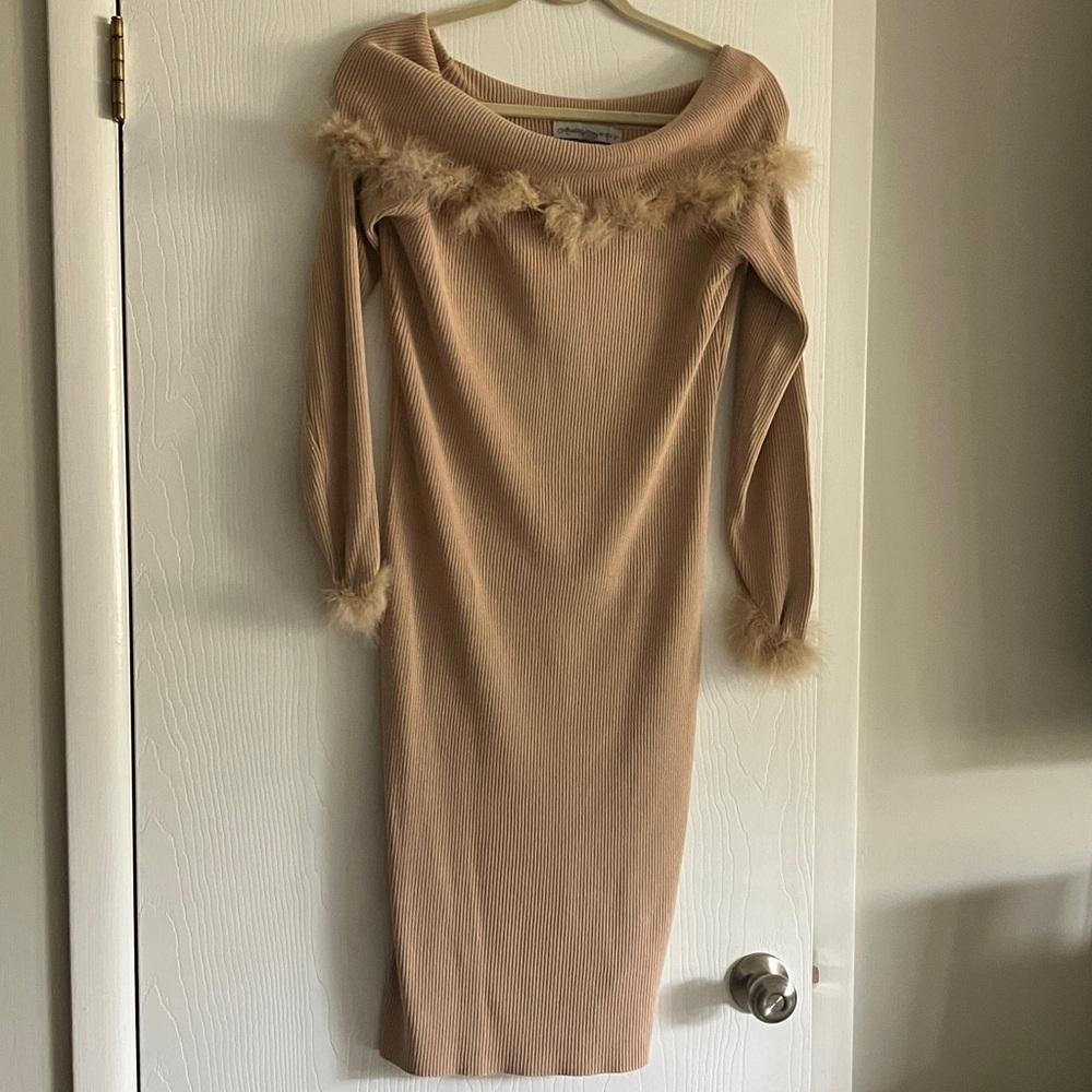 Absolutely Famous Tan Ribbed sweater dress with Feather Detail